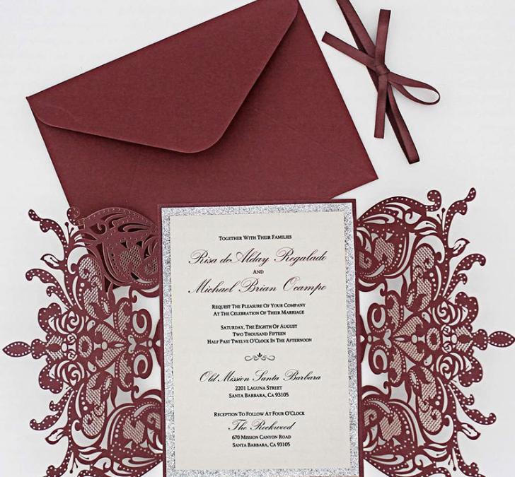 2021 Burgundy Lace Wedding Invitation Inner Sheet with Silver Glitter Bottom And Ribbon Envelope