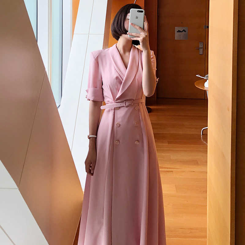 Korejpaa Women Dress Korean Fashion Chic Summer Elegant Solid Color Light-cut Wind Lapel Double-skirted Vestido with Belt 210526