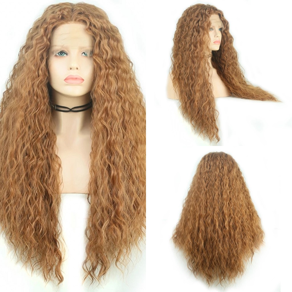 Long Loose Wave Lace Front Simulation Human Hair Synthetic Wigs Pre Plucked Brown Color Curly Wig With Baby Hair For Black Women