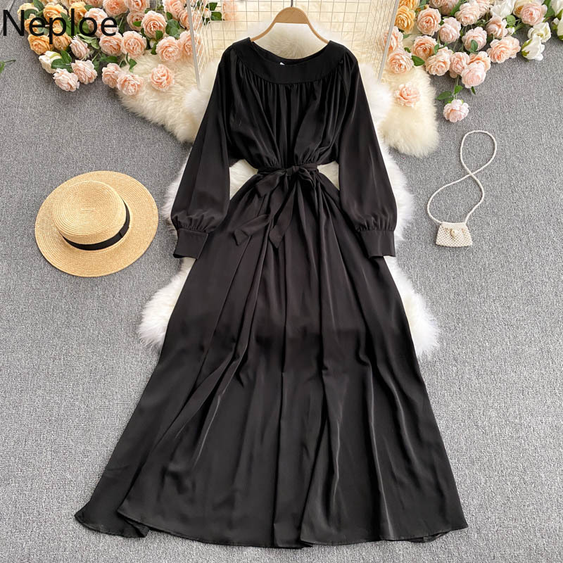 Neploe Women Dress Temperament O Neck Solid Lace-up Slim Waist Maxi Dresses Korean Long Sleeve Elegant Temperament Vestidos 210422