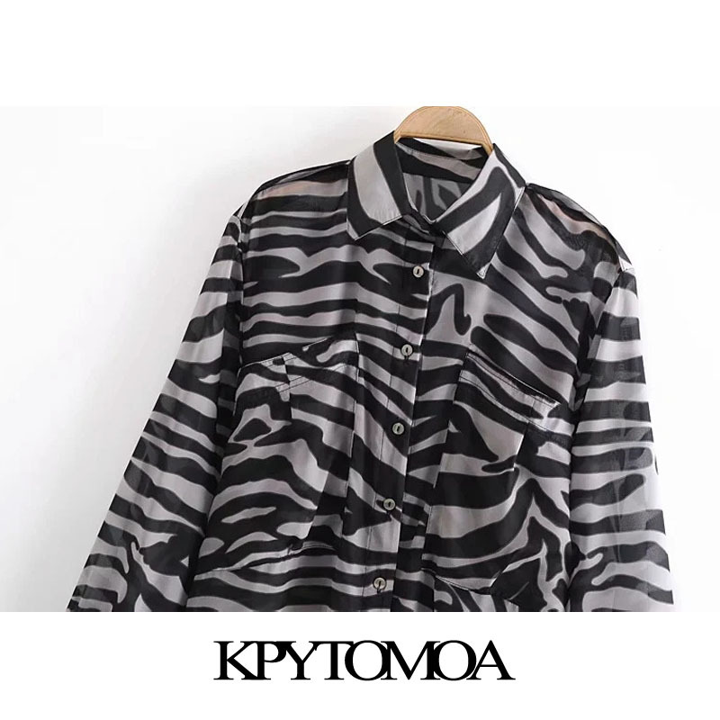Women Fashion Semi-Sheer Zebra Print Loose Blouses Long Sleeve Pockets Female Shirts Blusas Chic Tops 210420