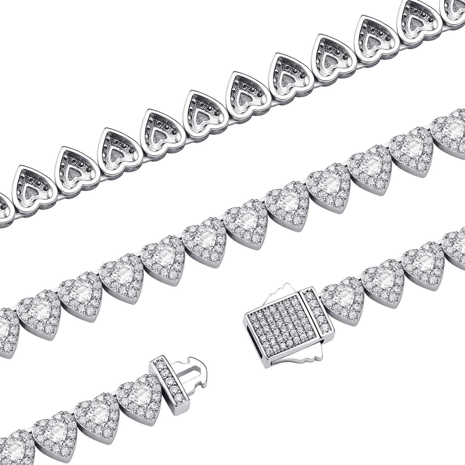 7mm Love Shape Tennis Chain Bracelet Necklace Full Diamond Bling Iced Out Chains Charms Hip Hop Rock Miami Street Rapper Jewelry Set Gifts for Men and