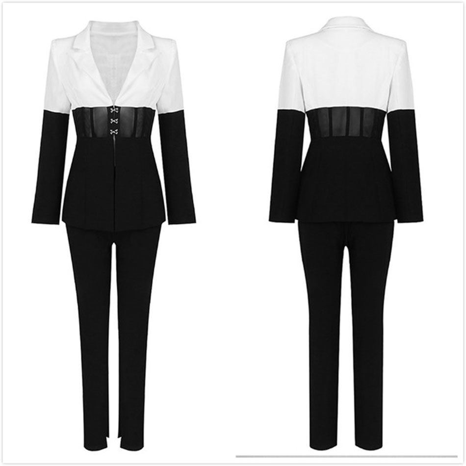 Free Chic Color Block Two Piece Set Striped Voile Splicing Sexy Deep V Neck Club Party Blazer&Pants Suit 210524