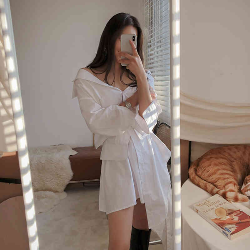 White Irregular Hem Dress For Women V Neck Long Sleeve High Waist Elegant Dresses Female Fashion Clothing 210520