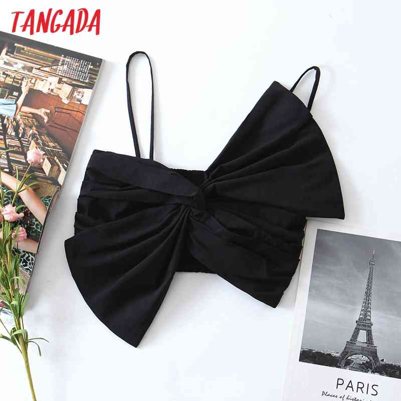 Women Bow Bralette Camis Crop Top Spaghetti Strap Sleeveless Backless Short Shirts Female Solid Tops QW94 210416