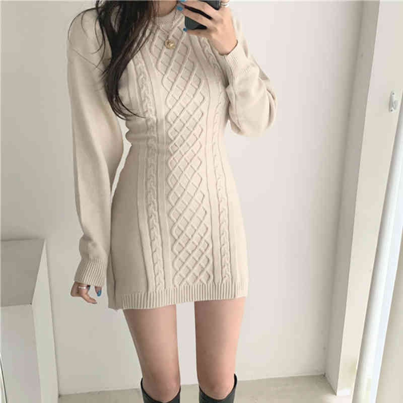 Comelsexy Autumn Winter Women Knitted Wrap Dress Vintage Sheath Dress Long Sleeve O-Neck Sexy Backless Sweater Dress 210515
