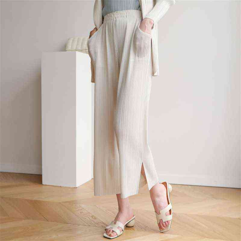 DEAT Frilly Pants Woman Solid High Waist Elastic Simple Thin Nine Length Loose Straight Causal Style Wild Autumn XQ362 211115