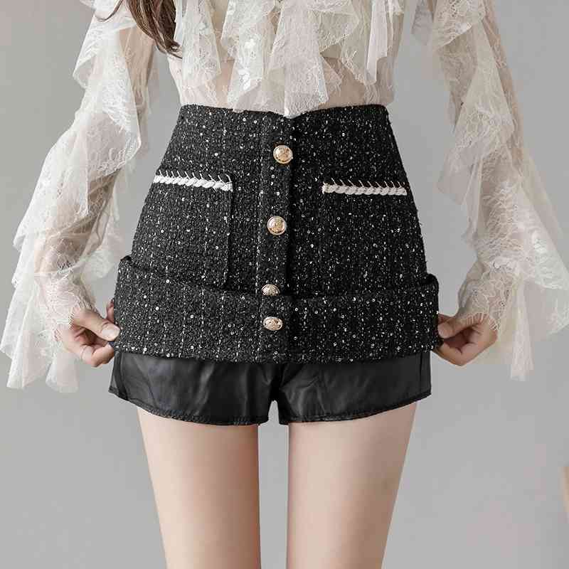 Winter Wool Skirt Womens Single-Breasted Pocket Front Glitter Tweed Mini Saia Feminina 210520