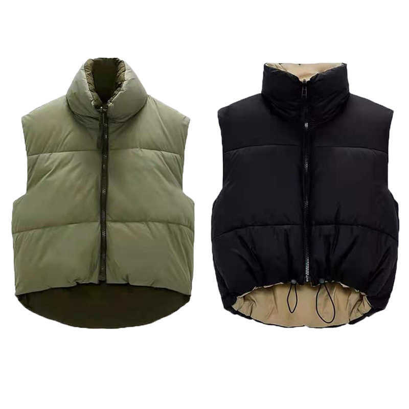 Women's Waistcoat Parkas Jackets Mujer Coat Femme Vest High Neck Puffer Gilet ArmyGreen Zipper Reversible Gilet Winter Warm Coat 210928