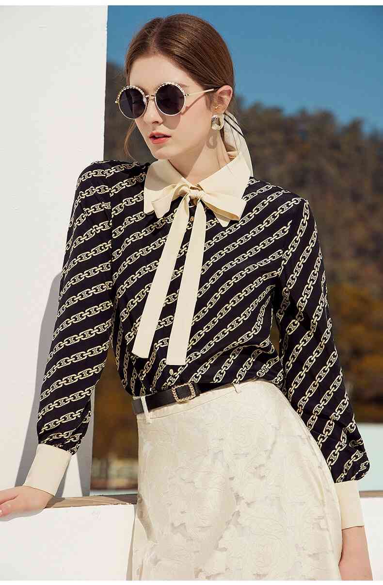 Lisa celebrity style chain printed bow tie office lady blouse shirt women female black turn down collar tops fashion chic 210421