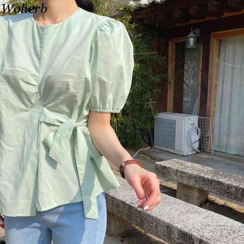 Korean Chic Green Blouse Women Solid Blusas Puff Sleeve Bandage Femme Gentle Shirts Office Summer Casual 210519