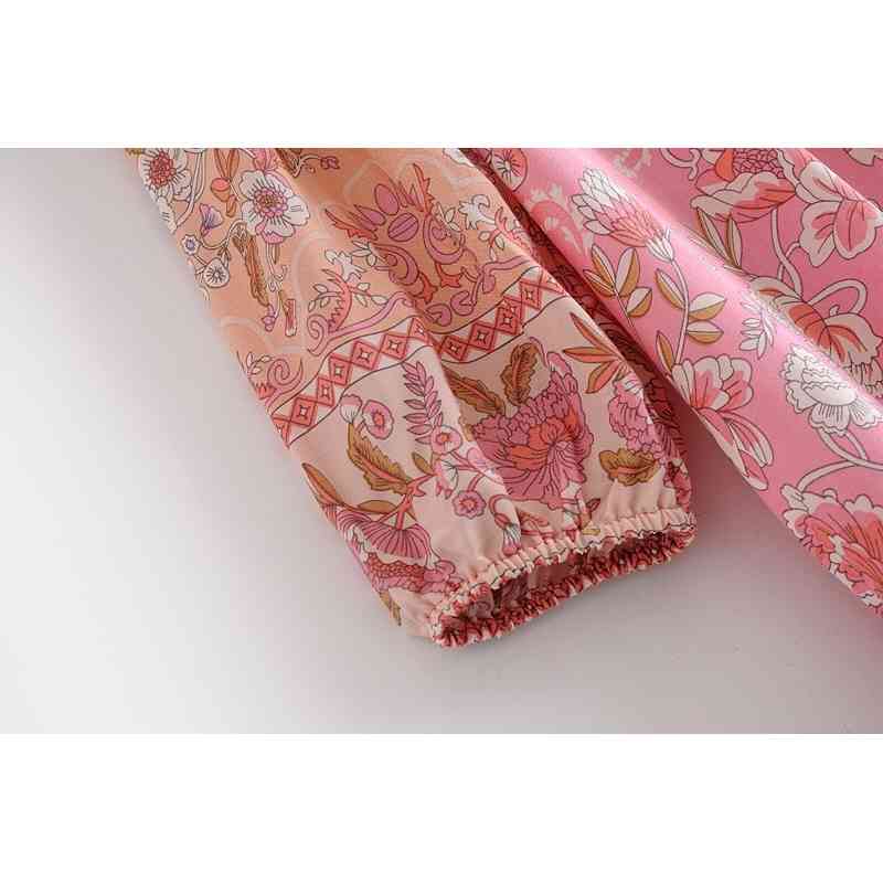 Bohemia Bandage Lacing up Collar Contrast Pink Flower Print Midi Dress BOHO Woman Long Sleeve Holiday Dresses Beach 210429