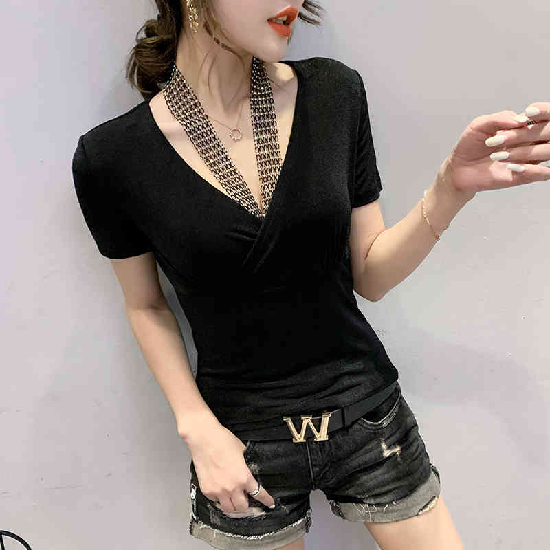 Women's T-Shirt Summer European Clothes T-shirt Fashion Sexy V-Neck Diamonds Mesh Halter Women Tops Ropa Mujer Short Sleeve Tees T, Black tshirt
Women's T-Shirt Summer European Clothes T-shirt Fashion Sexy V-Neck Diamonds Mesh Halter Women Tops Ropa Mujer Short Sleeve Tees T, Black tshirt