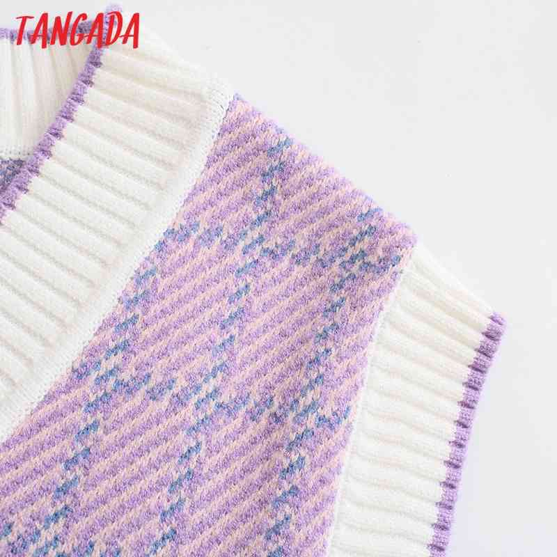 Women Vintage Plaid Oversized Knitted Vest V Neck Sweater Sleeveless Female Waistcoat Tops BE404 210416