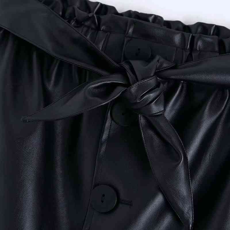 Women Black Bow Tie Pu Leather Skirt Elastic High Waist Elegant Ladies Front Split Buttons Midi Office s Faux 210515
