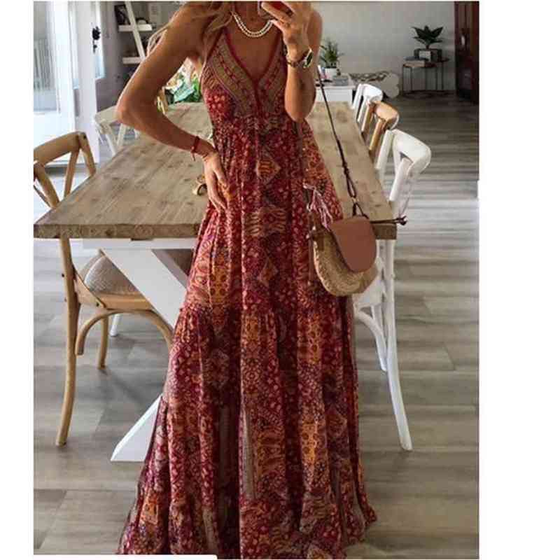 Women Dress Boho Vintage Sundress Maxi Floral Print Midi Sleeveless Deep V-Neck Loose High Waist Summer Beach Clothes 210522