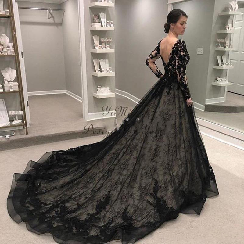 Elegant Black Gothic Wedding Gown 2022, Long Sleeve V Neck Lace Illusion Bodice Sweep Train Garden Country Bridal Dress