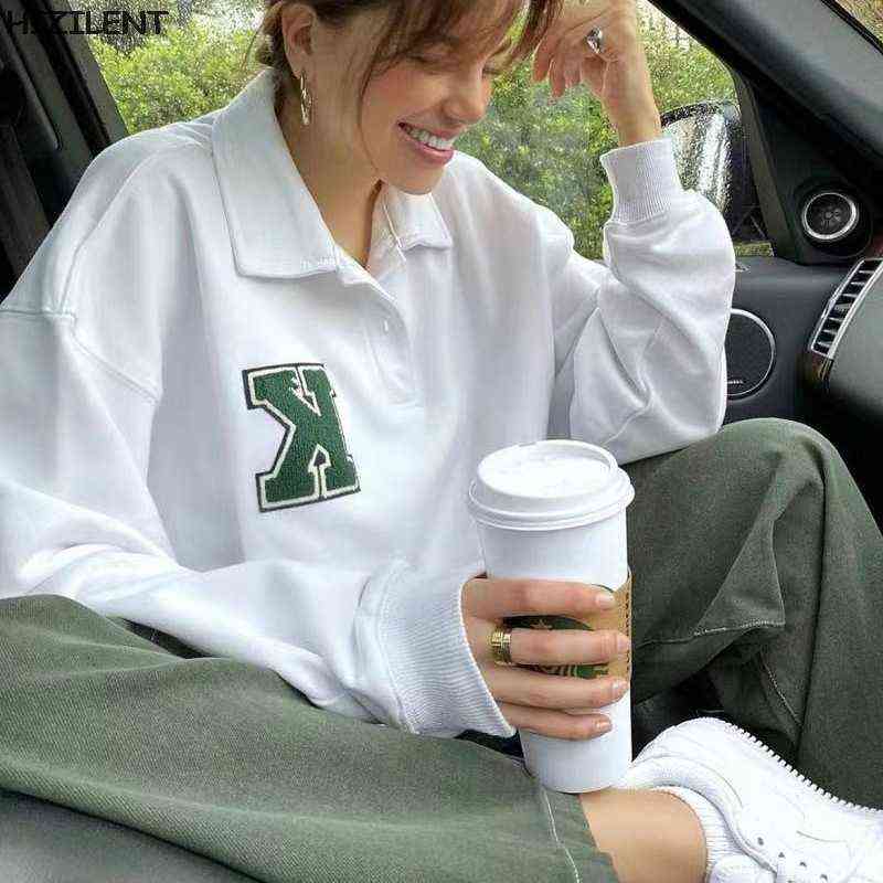 Women basic letter print Hoodies winter All-match American Leisure tops female Oversize button Pullovers Loose white Streetwear 211109