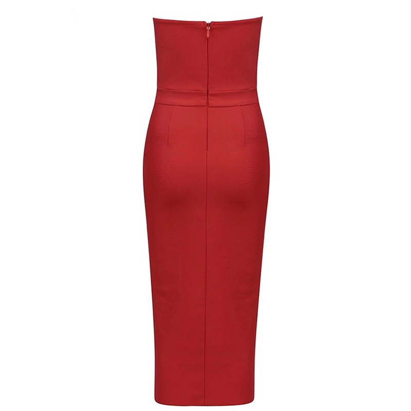 VGH Red Sexy Dress For Women Strapless Sleeveless High Waist Sashes Slim Side Split Evening Party Dresses Female Summer New 210421