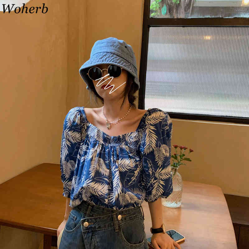 Leaf Printed Chiffon Shirt Women Square Collar vintage Blouses Loose Puff Sleeve Korean Tops Slim Thin Temperament Blusas 210519
