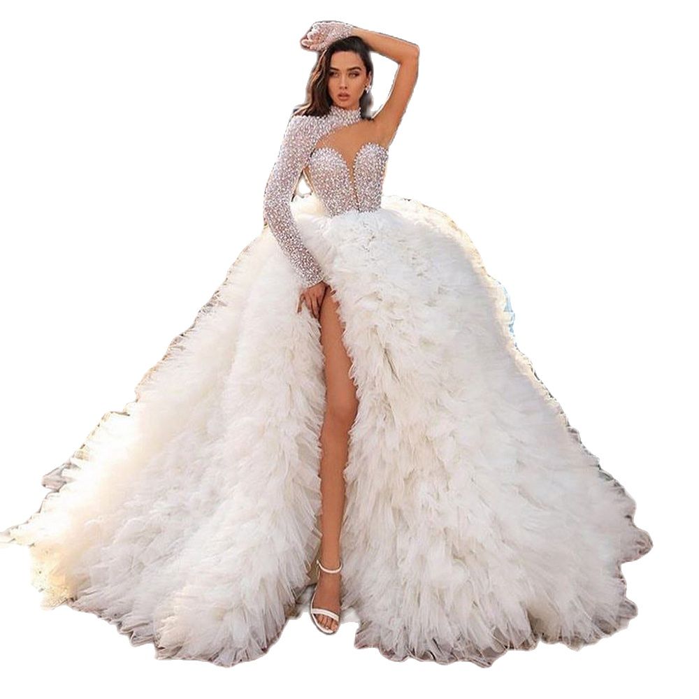 Gorgeous White Tulle Wedding Dress A e One Shoulder Robe Mairee Sexy Gown High Slit Bridal Dresses Vestido De Novia