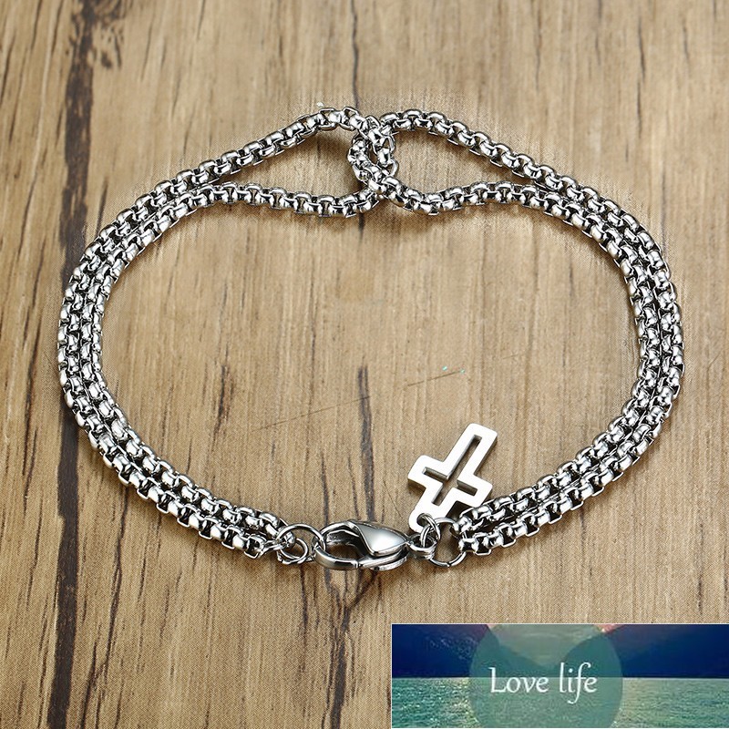 Double Strand Rolo Chain with Cross Charms Bracelet for Men Stainless Steel Lobster Claw Clasp Closure