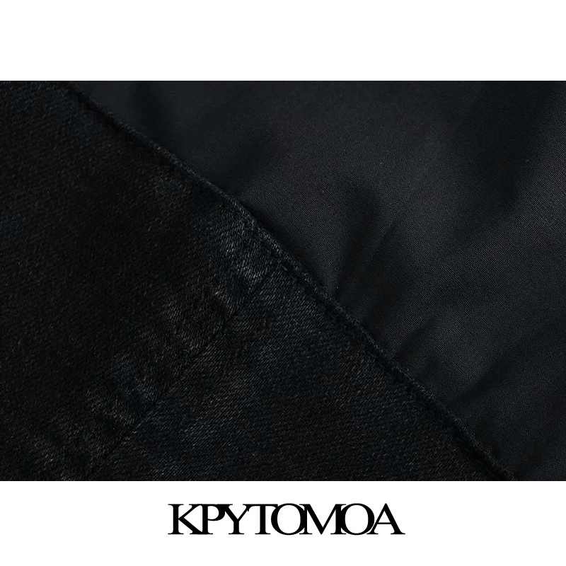 Women Fashion With Bow Tie Patchwork Denim Cropped Blouses Long Sleeve Button-up Female Shirts Chic Tops 210420