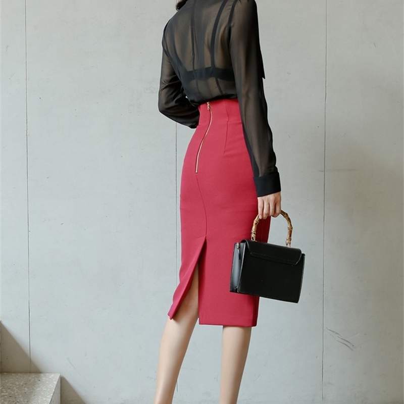 Women Autumn Office OL Work Wear 2 Pieces Set Sexy See Through Black Blouse Top + High Waist Red Pencil Bodycon Skirt 210519
