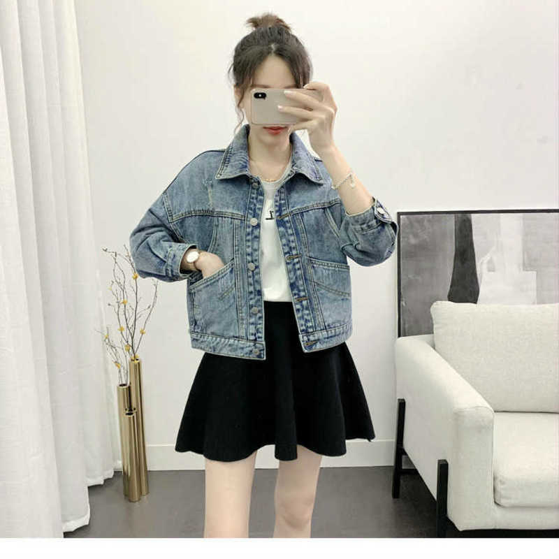 [EWQ] Autumn Full Sleeve Turn-down Collar Loose Women Cowboy Coats Korea Style 1 Blue Short Denim Jacket QZ346 210928