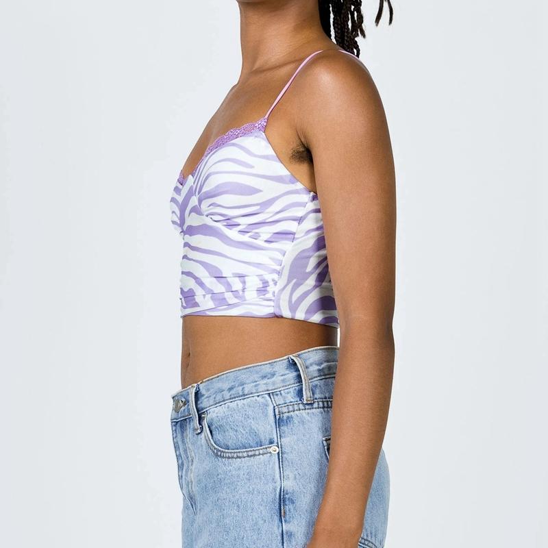 Striped Printed Purple Lace Trim Cami Backless Spaghetti Strap Crop Tops Sexy Women Summer Fashion Sleeveless Slim Fit Vest Women's Tanks &