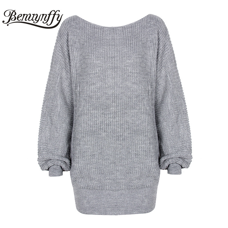 Women Autumn winter Off Shoulder Knitted Sweater Dresses Oversized Lantern Sleeve Casual Solid Dress 210510