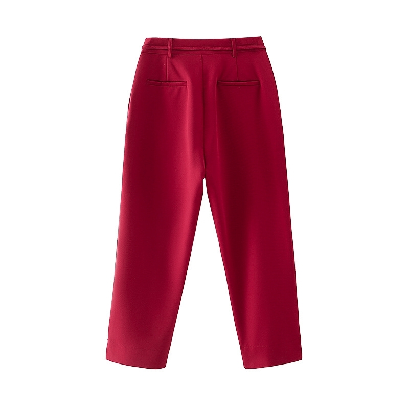 Elegant Women Chic Solid Red Straight Trousers Fashion Ladies Drawsting Pants Streetwear Female Causal Long 210430