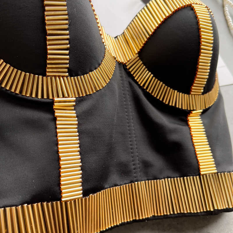 DEAT Women Rivet Black Open Navel Strapless Camis Sexy Slim Diomond Decoration Fashion Spring Summer 11B5 210709