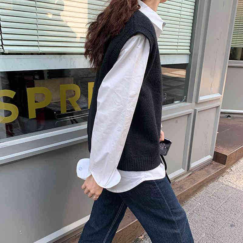 Korean Style V-neck Knitted Solid Color Sleeveless Vest Sweaters Autumn and Winter Womens Pullovers Knitwear 10896 210518