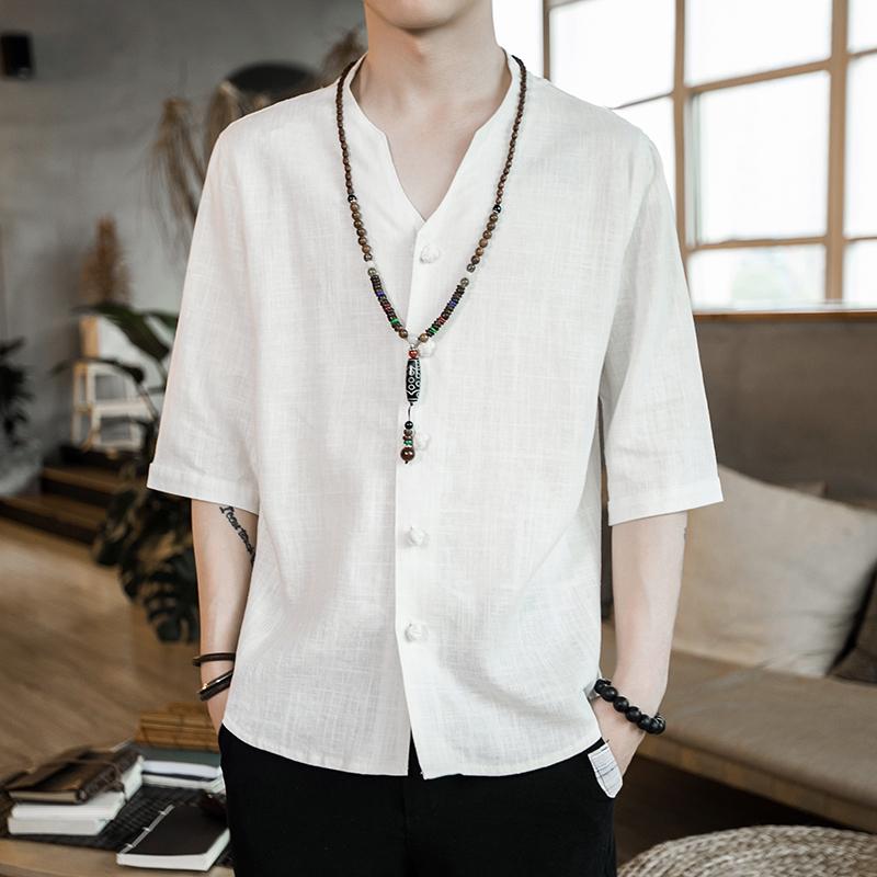M-5XL 2021 Men Clothing Hair Stylist Fashion Street Summer Chinese Style Linen Buckle Shirt Plus Size Costumes Men's Casual Shirts