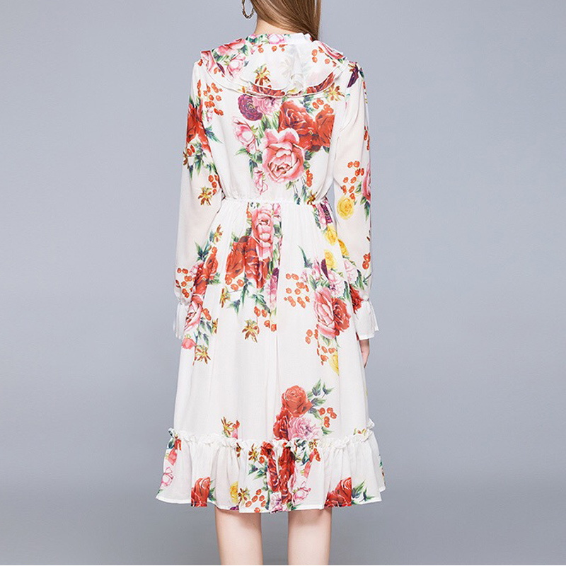 ruffles ruched flower printed midi dress elegant lady white chiffon boho dresses casual party plus size robe vestidos 210421