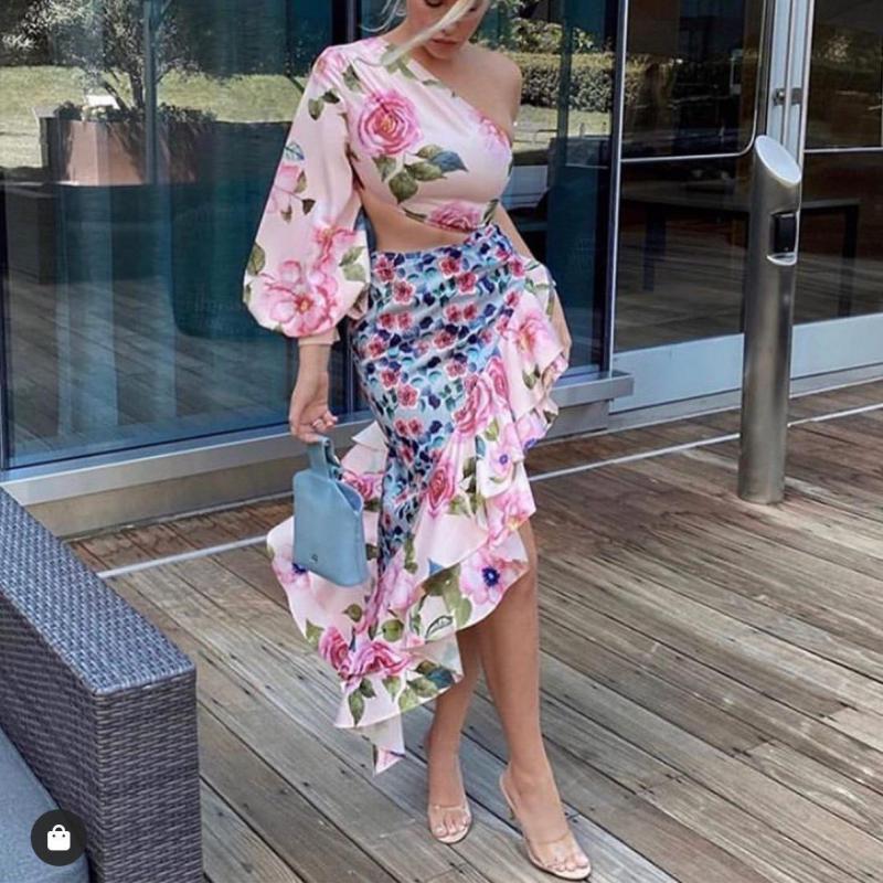 Women Sets Asymmetric Strapless Single Sleeve Crop Top With Irregular Skirt 2 Piece Two And 210524