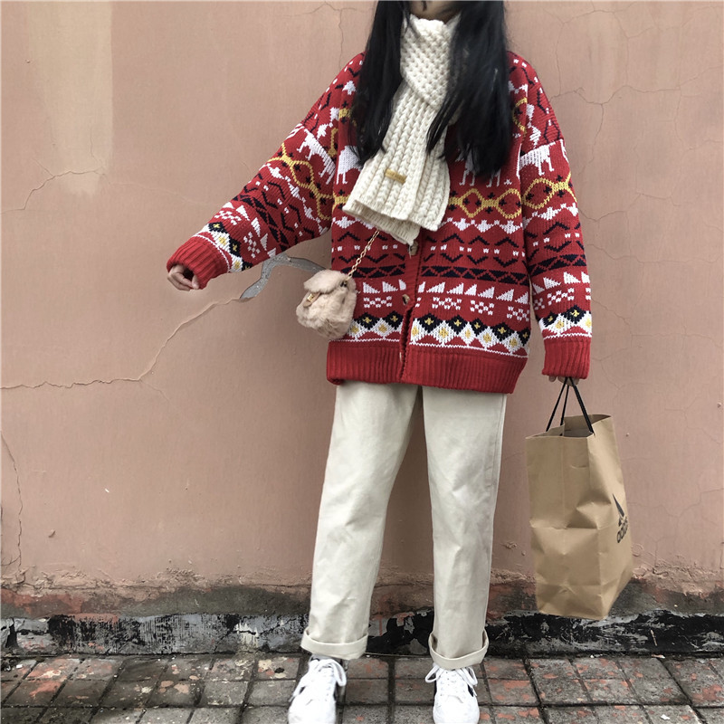 Kawaii Sweet Autumn Sweater Female Cardigan Loose Knit Coat Cute Cartoon Print V Neck Jumper Jacket Damski 210422