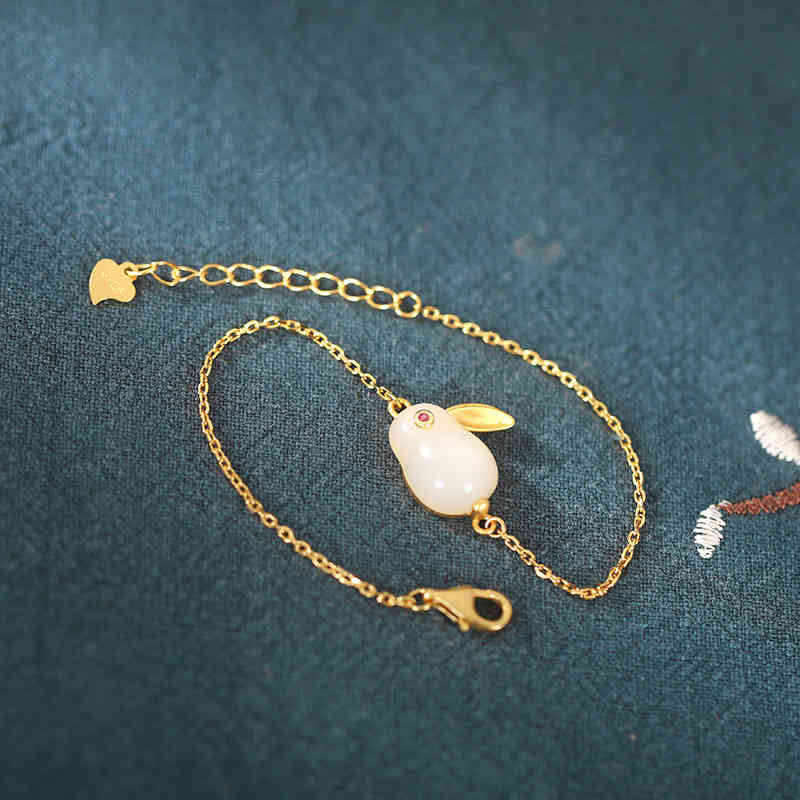 S925 Silver Plated Hetian Jade Pendant Lovely Temperament Rabbit Children's Earrings Bracelet Ring Necklace Set