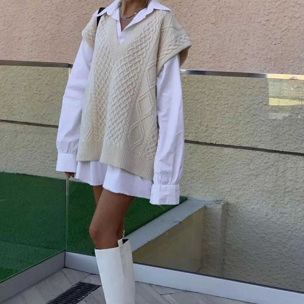 Spring Winter Women Cable-Knit Sweater Vest Oversized V-Neck Woman Sweaters Casual Fashion Elegant Lady Pullover Tops 210709