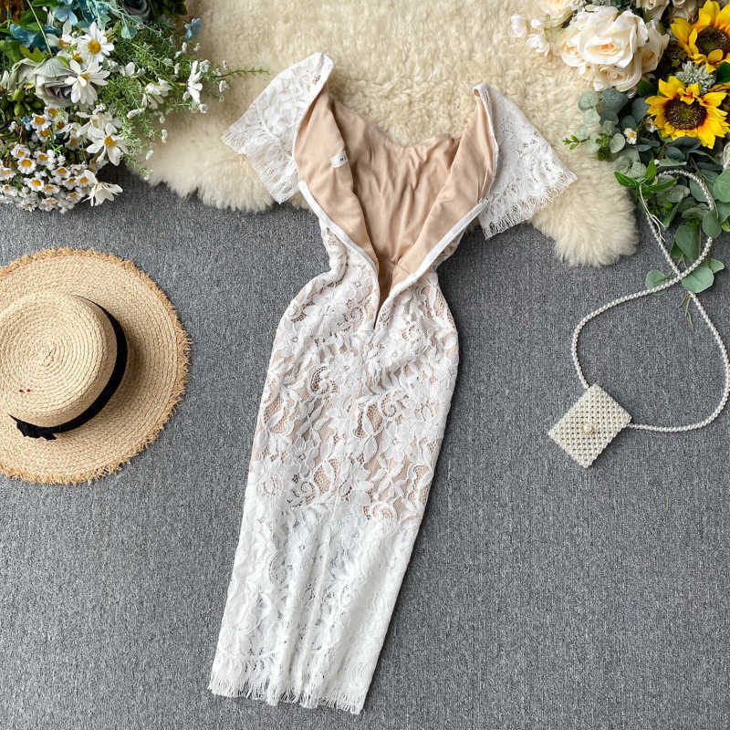 Women's Court Square Neck High Waist Thin Lace Dress Lady Short Sleeve Elegant Vintage Vestidos K328 210527