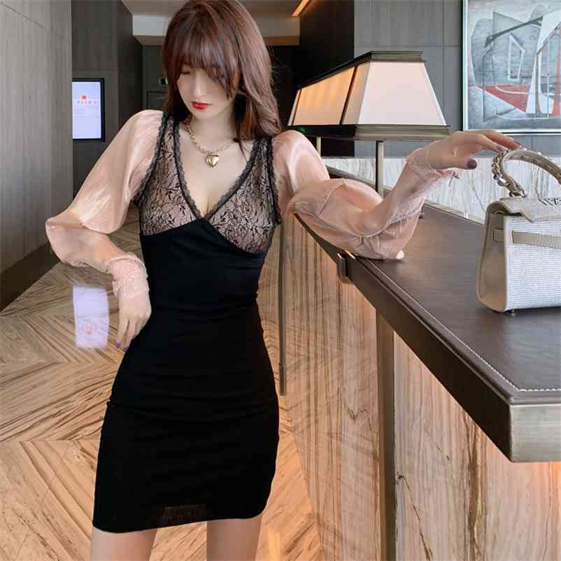 autumn female French lace stitching puff sleeve hip dress 210603, Black