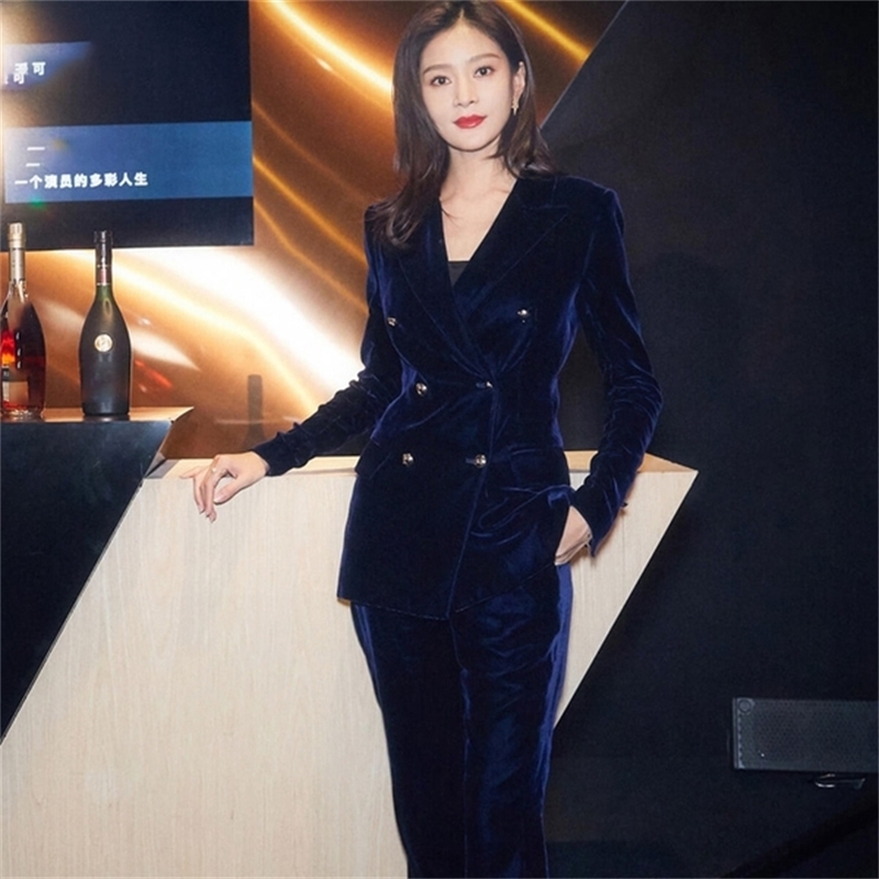 Business Women 2 Piece Pant Set Autumn Winter Double-breasted Blue velvet Blazers + Office Ladies Pencil Trousers Suit 210519