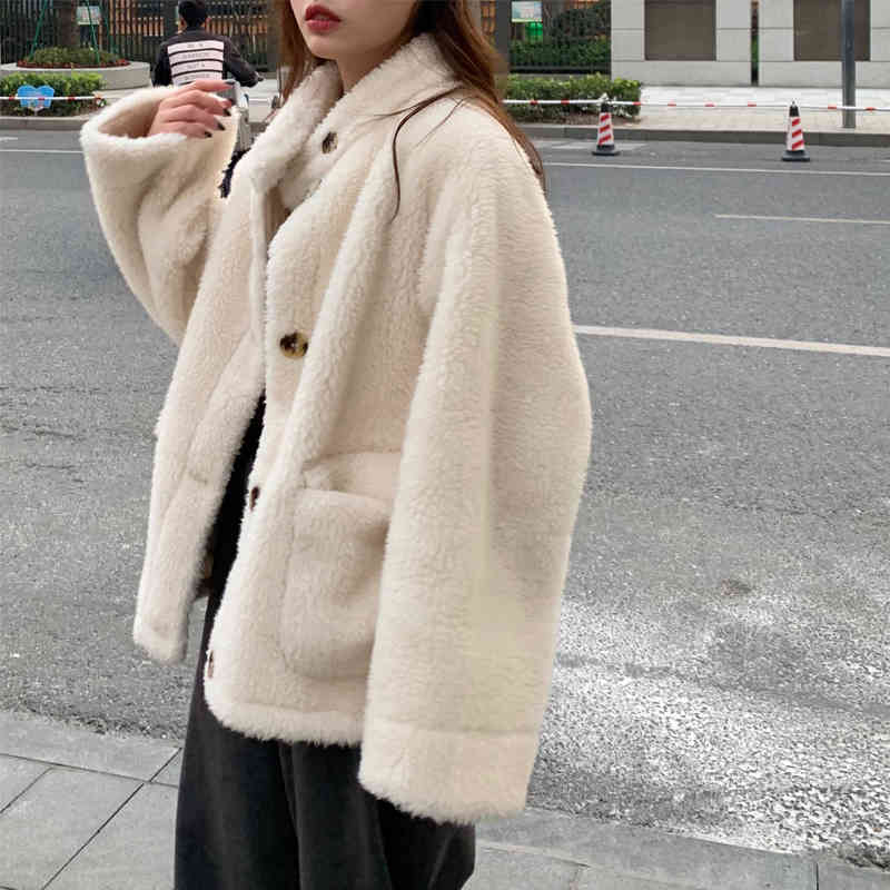 autumn and winter korean style solid color lamb Fur wool warm coats and vintage jackets womens (C2929) 210423