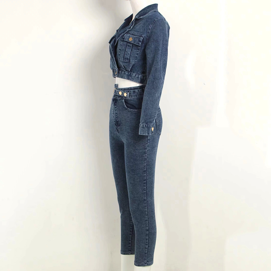 High Waist Button Denim Overalls 2 Piece Jumpsuit Female Long Sleeve V-Neck Sexy Celebrity Club 210525
