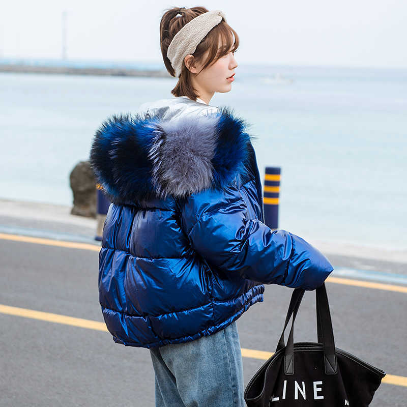 Ly Varey Lin Winter Glossy Parka Women Big Faux Fur Hooded Short Cotton Jacket Warm Thick Loose Gold Silver Bright Side Outwear 210526