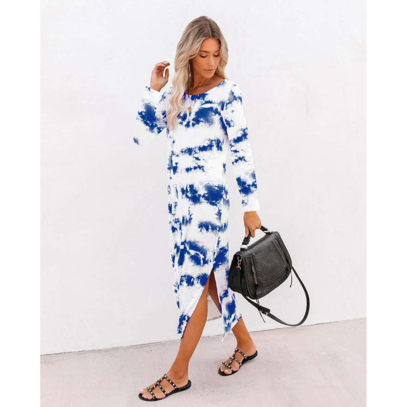 Women's Tie-dyed Printing Dress Gradient Color Round Neck Long Sleeve Vestidos Autumn Chic Casual Elegant Split Dresses 210524