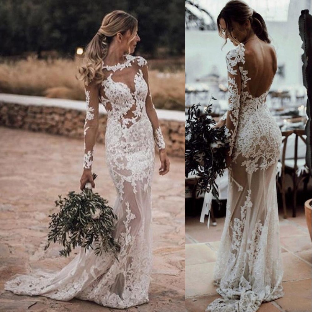 2021 Sexy Sheer Bohemian Mermaid Wedding Dresses Jewel Neck Illusion Long Sleeves Sheath Lace Appliqued Crystal Beads Backless Beach Boho Bridal Gowns