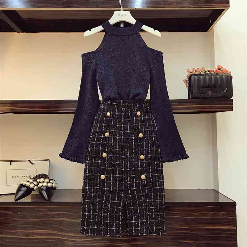 Chic Tweed Skirt 2 Piece set Women Fall Winter Ins Fashion Sexy Bare Shoulders Knit Sweater + Button Plaid Split Set 210525, Blue
Chic Tweed Skirt 2 Piece set Women Fall Winter Ins Fashion Sexy Bare Shoulders Knit Sweater + Button Plaid Split Set 210525, Blue