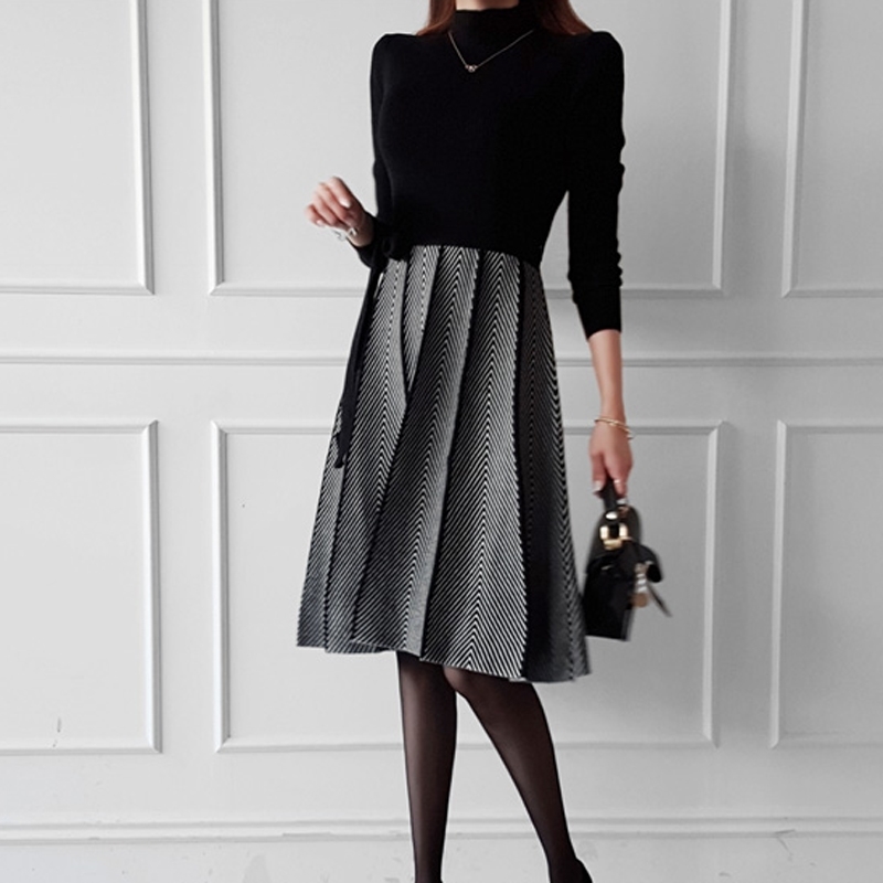 Autumn Winter Women Vintage Turtleneck Full Sleeve Geometry Patchwork Knitted Sweater Dress Chic Big Swing Vestidos 210520
